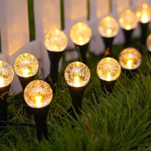 1PC 10/20 LED Solar Powered Crackle Glass Ball Stake String LightsWaterproof Outdoor Light for Garden Pathway Patio Yard Decor