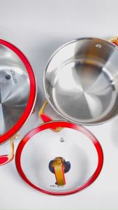 Bộ 3 nồi Inox 304 đúc liền nguyên khối Elmich Trimax Red Velvet EL-2108MN vung kính đáy từ - Hàng chính hãng bảo hành 5 năm