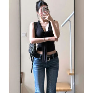 YUEZHONGWEI | Áo vest dây cổ chữ V màu đen cho nữ mùa hè ngoài trời Áo ngắn ôm vừa vặn đẹp độc đáo Áo sơ mi dài tay phong cách công sở