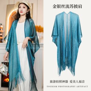 ผ้าคลุมไหล่ป้องกันแสงแดดฤดูร้อน ผ้าคลุมไหล่ตกแต่งด้วยลูกไม้ คาร์ดิแกน กระโปรง สีพื้น แฟชั่นใหม่ ผ้าไหมเทียม ผู้หญิง