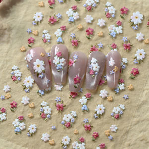 1Pcs 5D Embossed Colorful Flower Nail Stickers White Yellow Wildflower Self-Adhesive Nails Decals Spring Floral Manicure Sliders