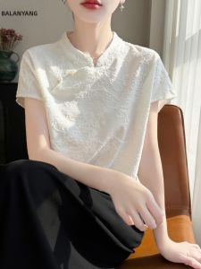 BALANYANG | Áo Thun Nữ Tay Ngắn Cổ Trụ Nút Đính Kiểu Trung Quốc Phong Cách Retro Ôm Sát Nhẹ Nhàng