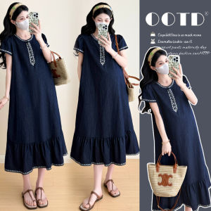 Đầm Mang Thai Đenim Tencel Thêu Retro Thời Trang