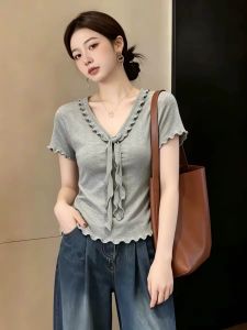 Lace Edge V-neck Icy Silk T-shirts