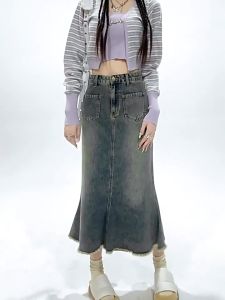 CHAOHES กระโปรงยีนส์ S-2XL ผ้าไม่ยืด ลมเกาหลีเอวสูง หางปลา กระโปรงยาว ตกแต่งรูปร่างให้ดูผอม