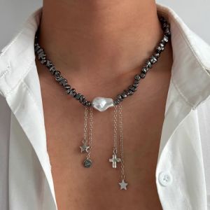 Ingemark | Ingemark Fashion Imitation Pearls CCB Beaded Necklace Women Hip Hop Punk Five-pointed Star Pendant Necklace Steampunk Jewelry
