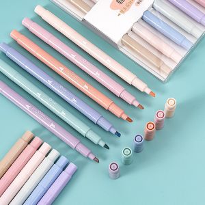 DenDen 6PCS Highlighter Double Head Pen Cute Candy Colour Pastel Highlight Art Marker Student Stationery School Alat Tulis Warna-warni 2 Kepala Saiz 双头荧光笔 浅色记号笔