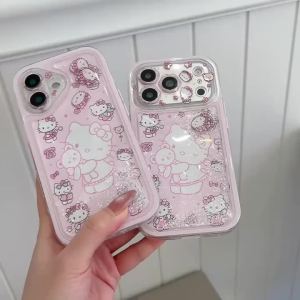 Sanrio | Flowers Quicksand Bow Hello Kitty Cat Pink Case For iphone 15 16 17 Pro Max 17 16 Cute Cartoon Shockproof Phone Cover For Girls