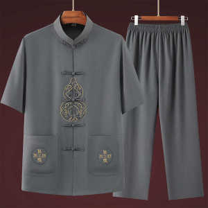 Summer Short Sleeve Hanfu Set for Dad Mens Morning Exercise Clothing Elderly Middle-Aged And Older Mens Traditional Chinese Costume