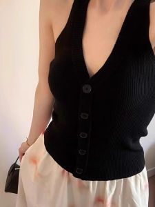 chaqi | Black Neck Hanging Strap Vest Womens Inner Wear Summer Knitted Sleeveless Base Outerwear V-neck Top New 2025 Commute Style Slim Fit Pure Color