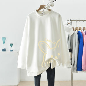 Trendy plus Size Fake Two-Piece Hoodie Womens Design Sensation Niche Autumn Winter Outerwear Top Korean Style round Neck Long Sleeve