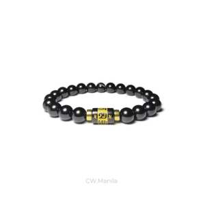 CW Manila - Mantra Stretch Bracelet - 8mm Black Onyx Stones with Mantra Bead and Gold Hematite - Semiprecious Protection Fashion Jewelry