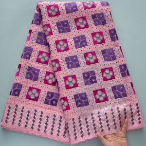 African Cotton Lace Fabric - 5Yards Swiss Voile Embroidered Stones Eyelet Nigerian Traditional Ethnic Pattern Textile For Dress