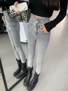 กางเกงยีนส์ทรงเข้ารูปเอวสูงสำหรับผู้หญิง กางเกงขายาวทรงปากกาสีคอนกรีต ทรงสลิมฟิต ทรงเข้ารูป ทรงเข้ารูป เอวยางยืด