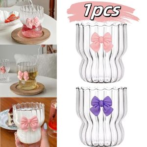 1pcs Cute Bow Glass Cup Clear Striped Water Cups Striped Water Coffee Cup For Beer Milk Beverages Cocktails Drinking Water Tool