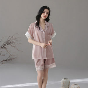 MiiOW | Bộ đồ ngủ lụa băng mùa hè cho nữ Áo len cardigan tay ngắn Quần short Bộ đồ ngủ thoải mái rộng rãi cỡ lớn Quần áo mặc nhà