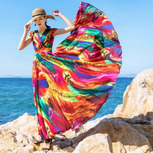 ELF TRIBE New Chiffon Dress for Women Large Hemline Print Beach Dresses Vacation Trendy