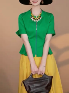 QINGNAER | Elegant Green Short Sleeve Slimming Blouse for Plus Size
