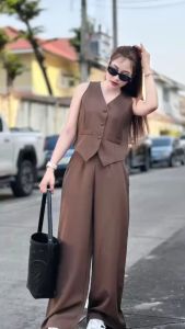 P844 ชุดเซ็ท2ชิ้น เสื้อกั้ก ผ้าบาร์บี้ กางเกงขายาวทรงกระบอก มีซิปข้าง ฟรีไซส์s-xl ใส่ได้ ชุดเซ็ทผู้หญิง