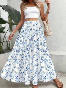 Printed Design Four Seasons Leisure Style Blue Flower Pattern Printed Half Skirt
