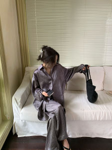 High-End Commuting Special Twist Acetate Set Water Wave Pattern Luxury Shirt Wide Leg Pants Fish Tail Skirt Fashionable Womens Ensemble