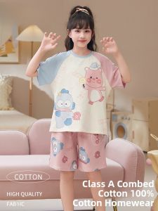 Miiow | Pure Cotton Summer Lightweight Short Sleeve Childrens Sleepwear Set For Girls Cat Girl Cartoon Cute Style Home Clothes