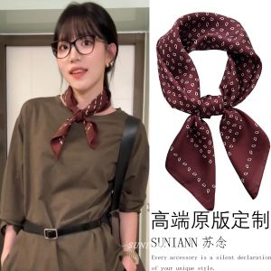 Retro Style French Wine Red Stripe Silk Scarf Necktie Womens Fashionable Versatile Small Square Scarf Polyester Fiber