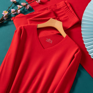 Warm Fleece Lined Underwear Set for Men And Women Couples Matching Long Sleeve Thermal Clothes Red for Wedding in Winter