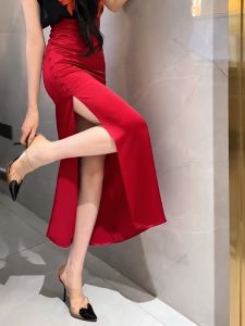 High Waist Long Red Elegant Womens Skirt Summer New Style Button Decoration Side Split Full Body Skirt Commute Korean Style