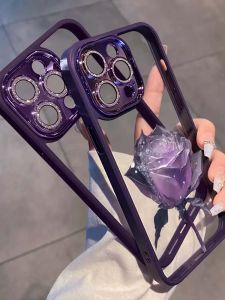 Purple Crystal Rose Flower Phone Case with Built-in Lens Film for Apple 14Promax 15NewModel 13Pro Sparkle Dust Lens Film 12FullCover Anti-Fall 11High-EndProtection Case Women