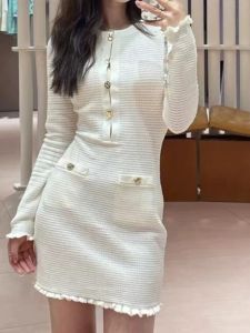 Elegant Ivory Knitted Short Dress Womens Fashion Spring Season A-Line Skirt Long Sleeve round Neck DBNY Multi-Functional