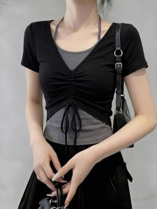 Faux Layered Halter Sleeveless Slimming Sweet and Spicy Womens T-Shirt Summer Large Size