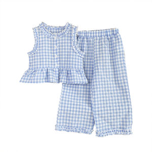 Bear Leader 2 To 10 Years Girls Summer Plain Clothes Set New Korean Version Round Neck Single Breasted Pleated Lace Sleeveless Vest Top+wide Leg Pants Children Casual Wear