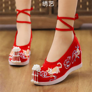 Chinese Wedding Shoes New Bride Green Show Heel Dragon And Phoenix Shoe Hanfu Shoes Increased Height Inner Good for Marriage Ceremony