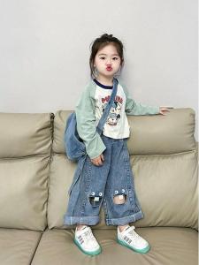 Girls Straight Leg Jeans Casual Torn Cartoon Design Fall New Style Korean Version Baby Long Pants Versatile All-Match Thin Model