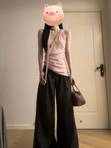 SUSIEYUAN | Áo thun nữ mùa hè thiết kế độc đáo phong cách Hàn Quốc màu hồng dây đeo cổ chữ V không tay áo ngắn thường ngày