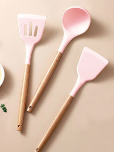 Food Grade Silicone Cooking Spatula And Spoon Set with Wooden Handle for Non-Stick Pan Home Use Stir-Fry Spoon Kitchen Utensils