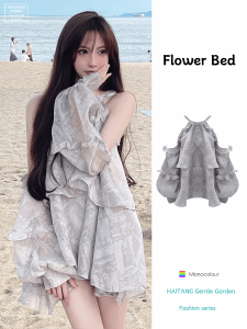 Sweet And Spicy Shoulder Bared Grey Shirt with Wood Grain Edges for Women Korean Style Loose Fit Long Sleeve round Neck Blouse