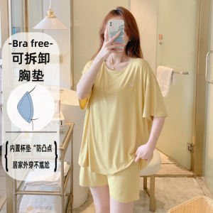 plus Size Sleepwear Womens Loose Short Sleeve Modal Cotton Set with Chest Pad Summer Comfortable Home Clothes Sweet Style