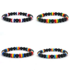 New Handmade National Flag Color Strand Bracelet Men Women 8mm Obsidian Stone Braclet Meditation Healing Braslet Leisure Jewelry