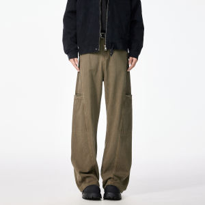 กางเกงยีนส์ทรงตรงสีกรมท่าสไตล์ย้อนยุคแบบอเมริกันสำหรับผู้ชายและผู้หญิง Cleanfit กางเกงขายาวทรงทำงานมีกระเป๋าใหญ่ กางเกงยีนส์ฤดูใบไม้ร่วง