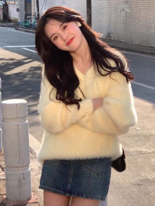 Thickened Soft Sweater Womens V-neck Mink Fur Spring Early 2025 New Style Sweet Style Loose Fit Long Sleeve Warmth Emitting