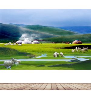 Modern Decorative Painting Prairie Landscape Blue Sky And White Clouds Paste Picture Grassland Animal for Living Room