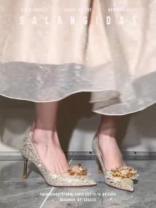 Champagne Colored High Heels Womens French Style Main Dress Shoes Bridal Shoe Comfortable to Wear Maids of Honor Ceremony Shoes