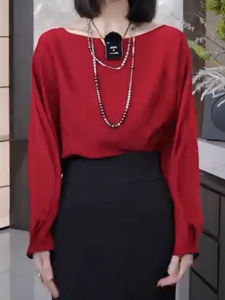 SUOXIMENG | Áo sơ mi dài tay màu đỏ cổ tròn cỡ lớn cho nữ thời trang thu đông mới về chất liệu cotton dáng rộng cổ tròn dài thường