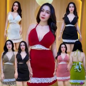 B19201 Set 2 ชิ้น เสื้อครอป แต่งขอบผ้าลูกไม้ ผูกหลัง+กระโปรงเอวสูง Set of 2 pieces crop top decorated with lace fabric. Tie back + high waist skirt.