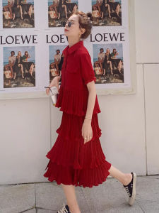 ชุดเดรสยาวเอวสูงสีแดงสไตล์เกาหลี กระโปรงทรงเค้ก แขนสั้น ผ้าไหม ชุดทำงาน ฤดูร้อน 2024 ชุดเดรสผู้หญิง