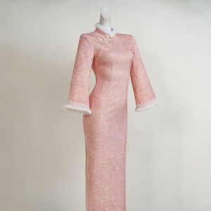 Pink Winter Large Sleeve Cheongsam Improved Waist