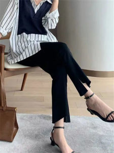 Slim Fit Nine-Tenths Black Jeans Womens Autumn Fashion Thin Small Size Eight-Tenths Bootcut Denim Pants Asymmetrical Hem