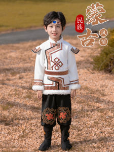New Mongolian Ethnic Childrens Clothing Male Child Dance Performance Costume Tibetan Minority Robe Stage Performance Outfit